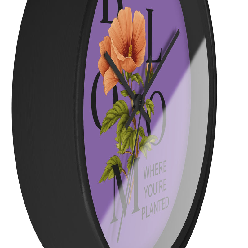 Purple Bloom Where You're Planted Wall Clock, Floral Home Decor, Botanical Gift, Inspirational Wall Art, Modern Timepiece