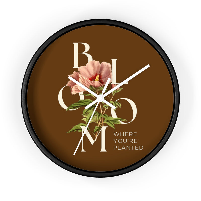 Brown Floral Wall Clock: Bloom Where You’re Planted, Home Decor, Gifts for Plant Lovers, Motivational Wall Art, Modern Timepiece, Flower Design