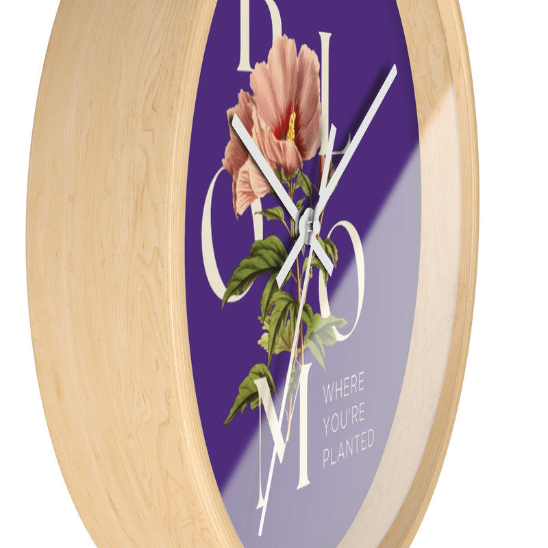 Purple Floral Wall Clock: Bloom Where You’re Planted, Home Decor, Gifts for Plant Lovers, Motivational Wall Art, Modern Timepiece, Flower Design