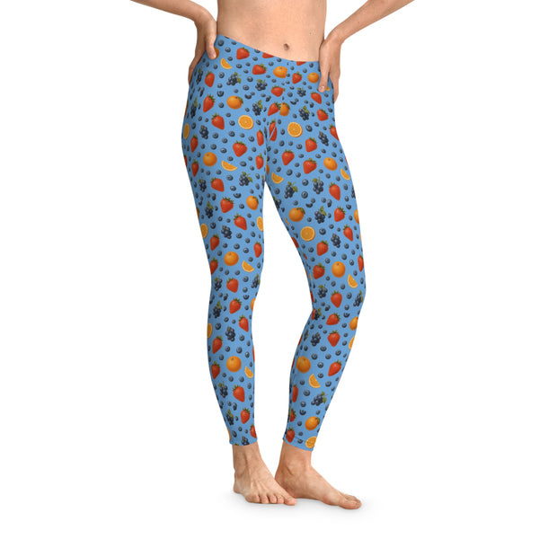 Blue Fruity Stretchy Leggings, Colorful Workout Pants, Yoga Tights, Casual Spring Wear, Fitness Apparel, Summer Fashion