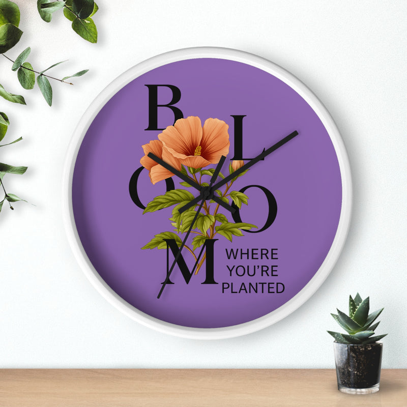 Purple Bloom Where You're Planted Wall Clock, Floral Home Decor, Botanical Gift, Inspirational Wall Art, Modern Timepiece
