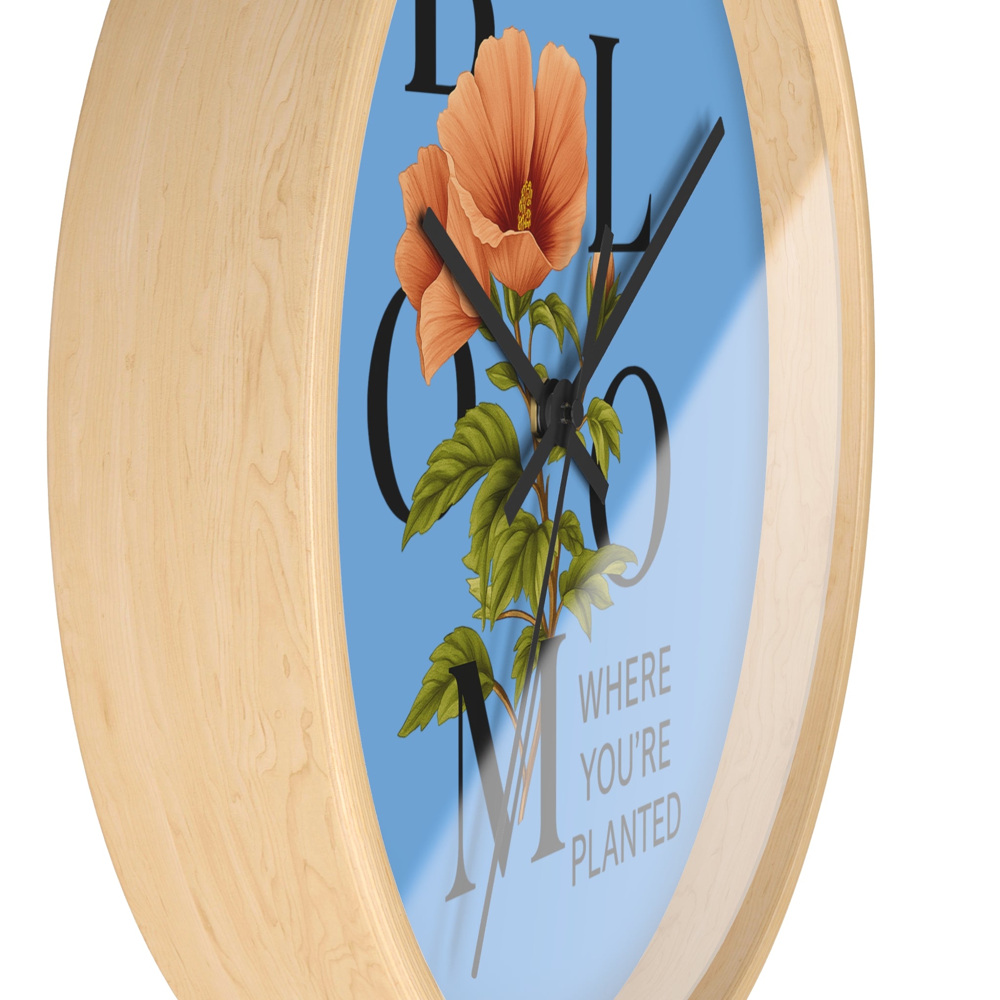 Blue Bloom Where You're Planted Wall Clock, Floral Home Decor, Botanical Gift, Inspirational Wall Art, Modern Timepiece