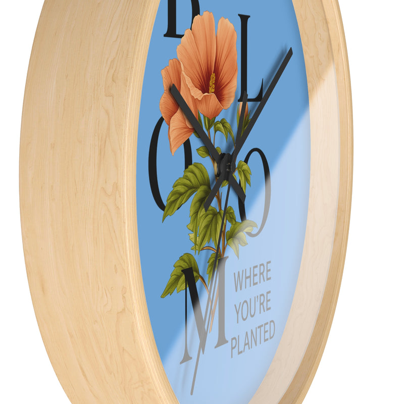 Blue Bloom Where You're Planted Wall Clock, Floral Home Decor, Botanical Gift, Inspirational Wall Art, Modern Timepiece