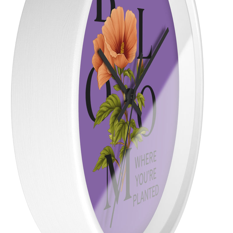 Purple Bloom Where You're Planted Wall Clock, Floral Home Decor, Botanical Gift, Inspirational Wall Art, Modern Timepiece