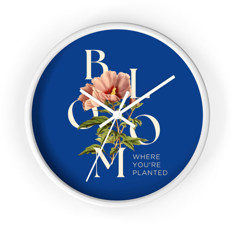Blue Floral Wall Clock: Bloom Where You’re Planted, Home Decor, Gifts for Plant Lovers, Motivational Wall Art, Modern Timepiece, Flower Design
