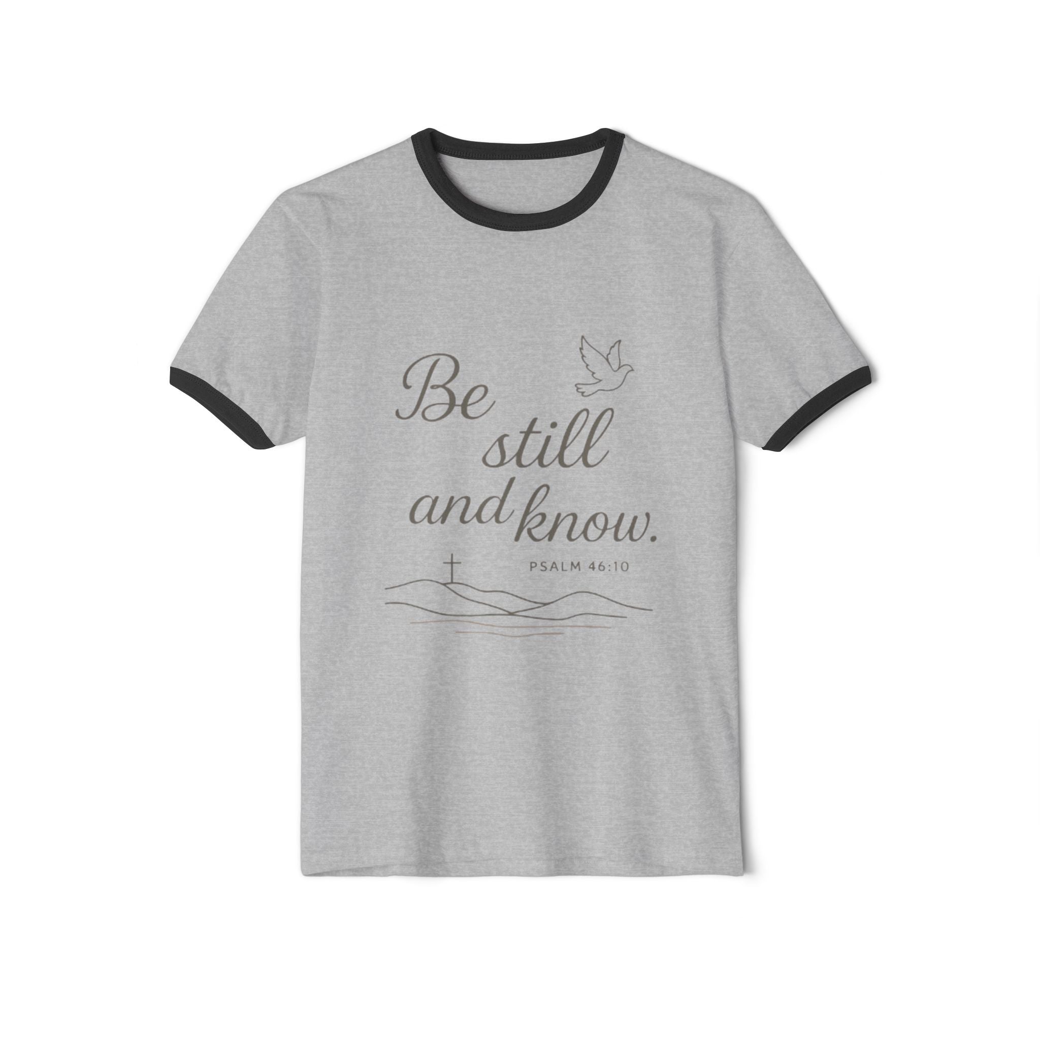 Faith-Inspired Cotton Ringer T-Shirt, Psalm 46:10 Design, Unisex Tee, Daily Wear, Christian Gift, Inspirational Apparel