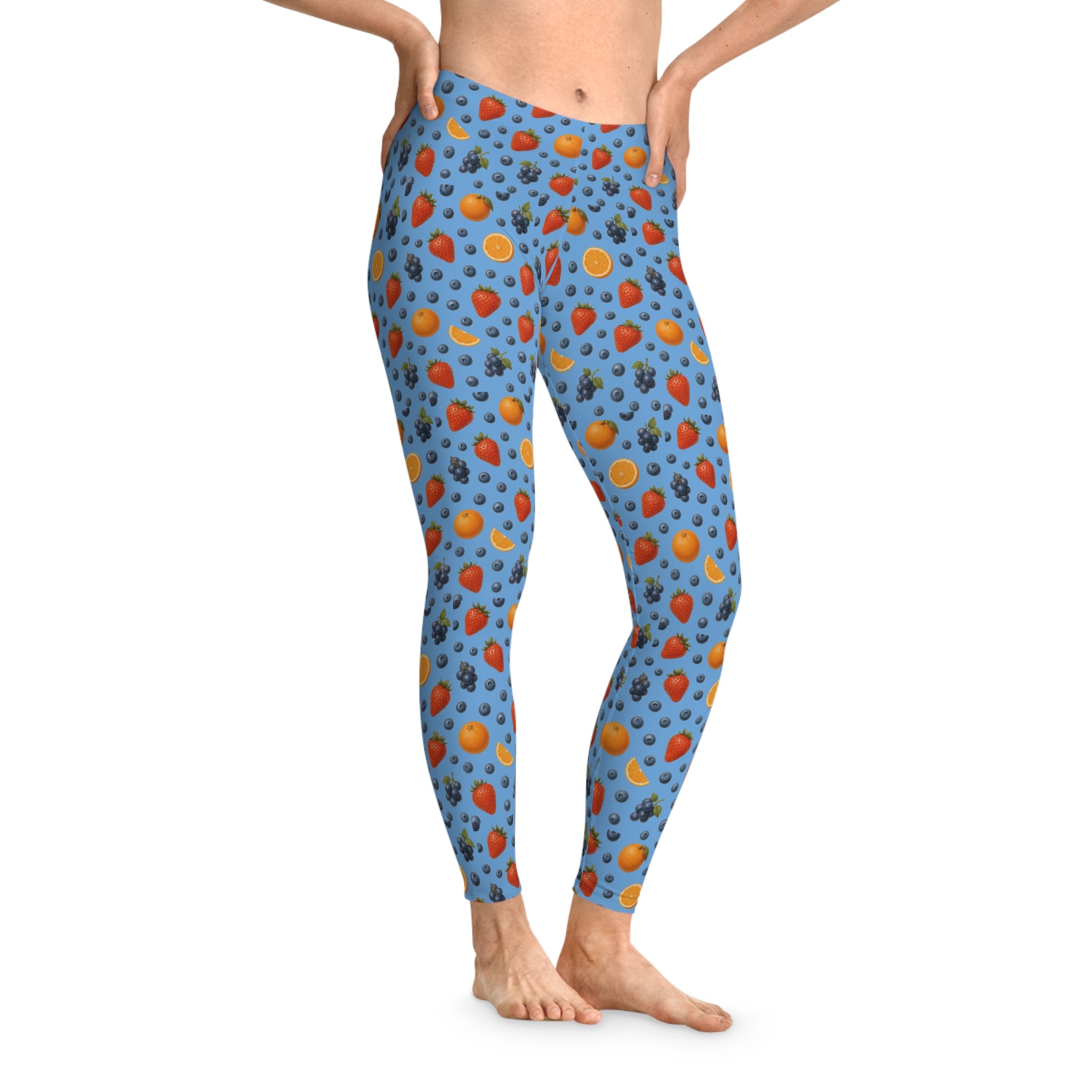 Blue Fruity Stretchy Leggings, Colorful Workout Pants, Yoga Tights, Casual Spring Wear, Fitness Apparel, Summer Fashion