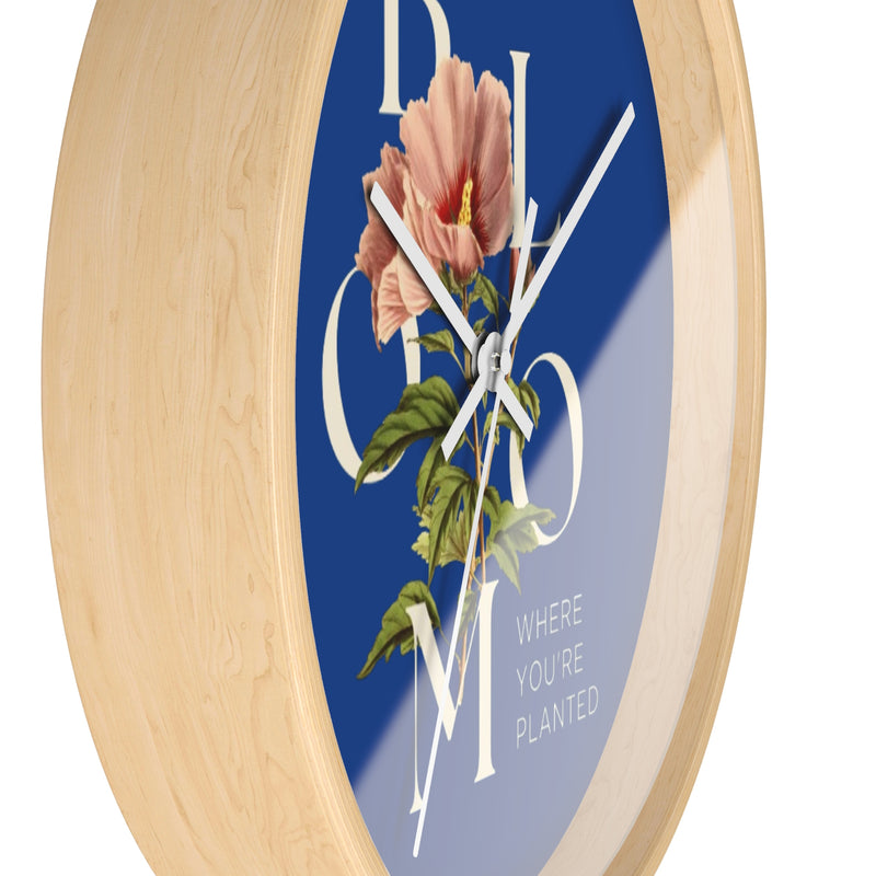 Blue Floral Wall Clock: Bloom Where You’re Planted, Home Decor, Gifts for Plant Lovers, Motivational Wall Art, Modern Timepiece, Flower Design