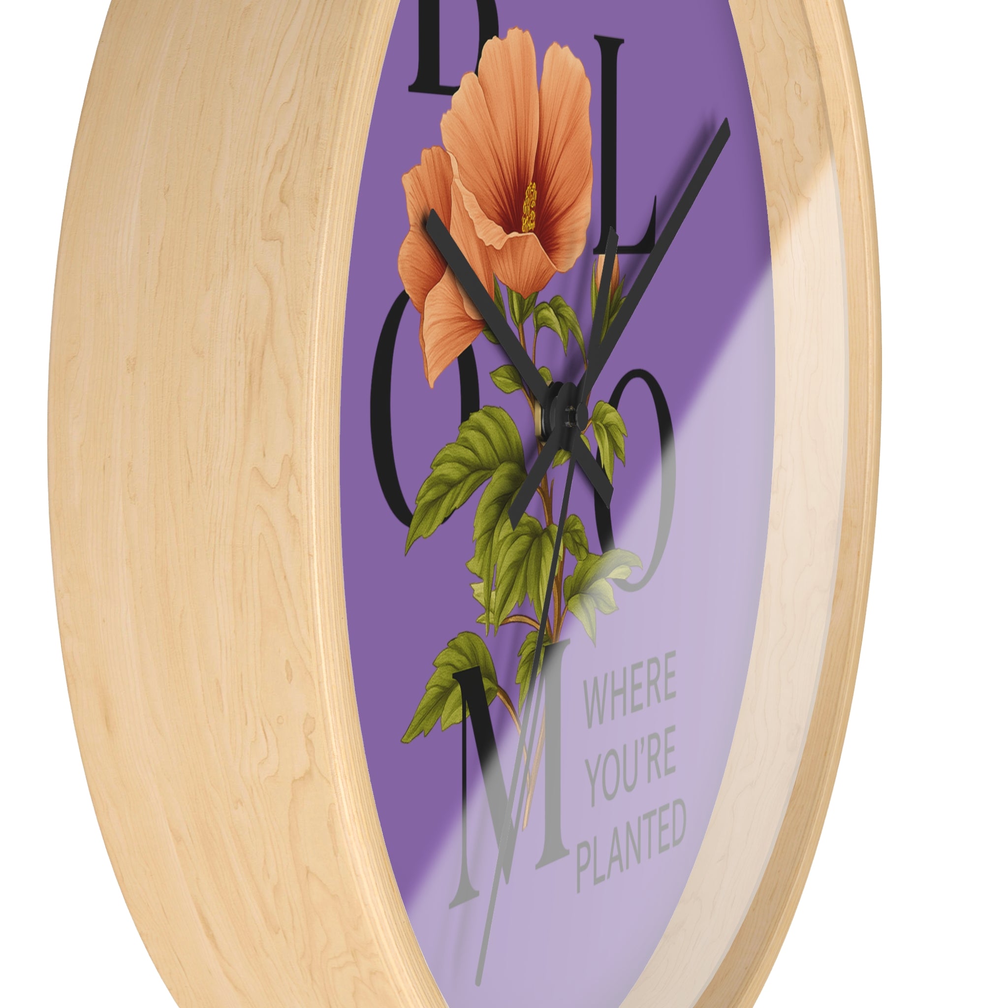Purple Bloom Where You're Planted Wall Clock, Floral Home Decor, Botanical Gift, Inspirational Wall Art, Modern Timepiece