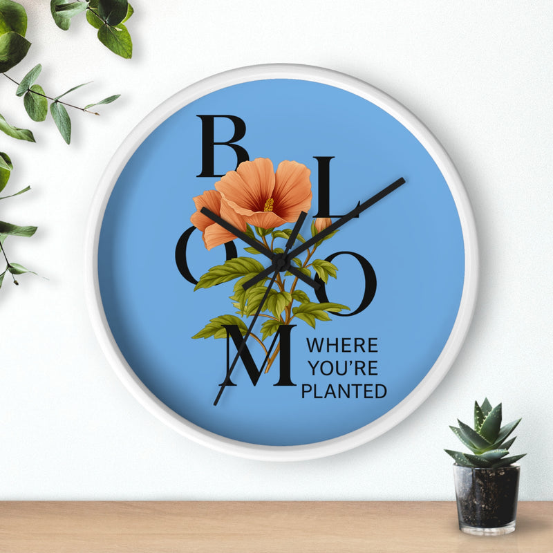 Blue Bloom Where You're Planted Wall Clock, Floral Home Decor, Botanical Gift, Inspirational Wall Art, Modern Timepiece