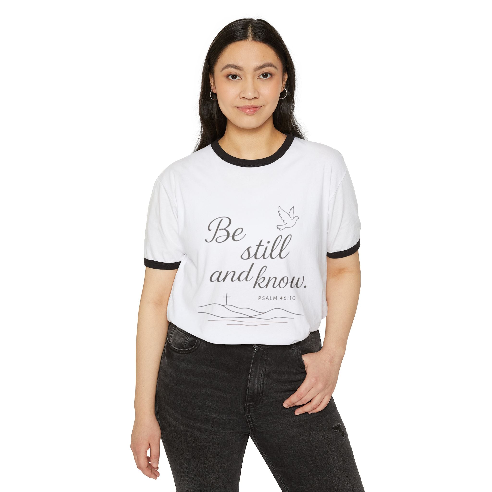 Faith-Inspired Cotton Ringer T-Shirt, Psalm 46:10 Design, Unisex Tee, Daily Wear, Christian Gift, Inspirational Apparel