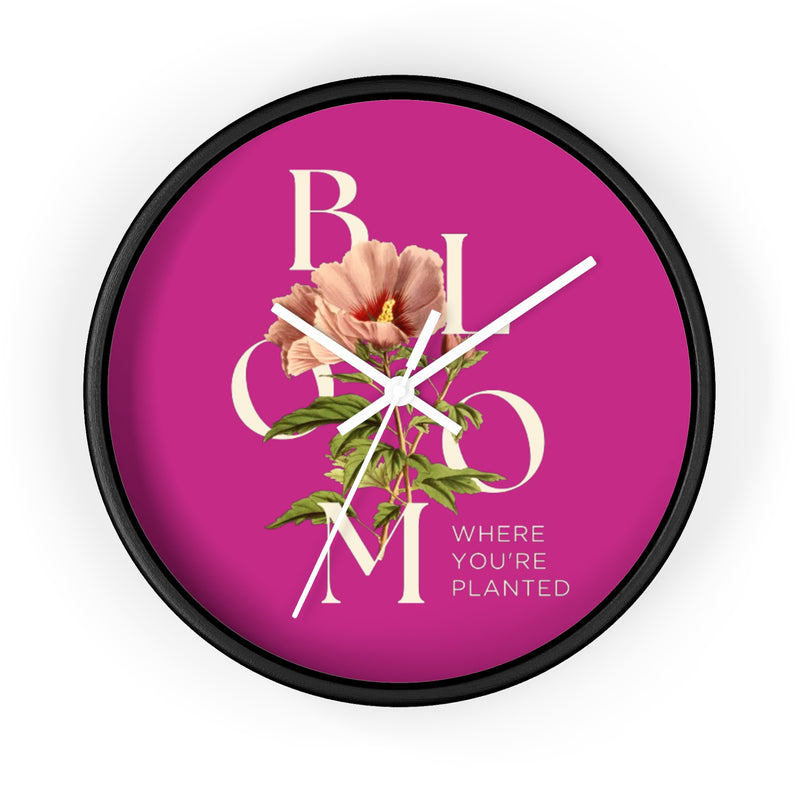Pink Floral Wall Clock: Bloom Where You’re Planted, Home Decor, Gifts for Plant Lovers, Motivational Wall Art, Modern Timepiece, Flower Design