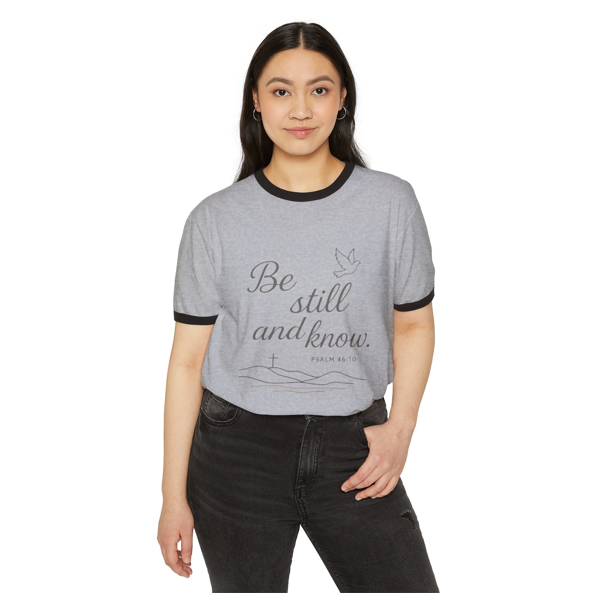 Faith-Inspired Cotton Ringer T-Shirt, Psalm 46:10 Design, Unisex Tee, Daily Wear, Christian Gift, Inspirational Apparel