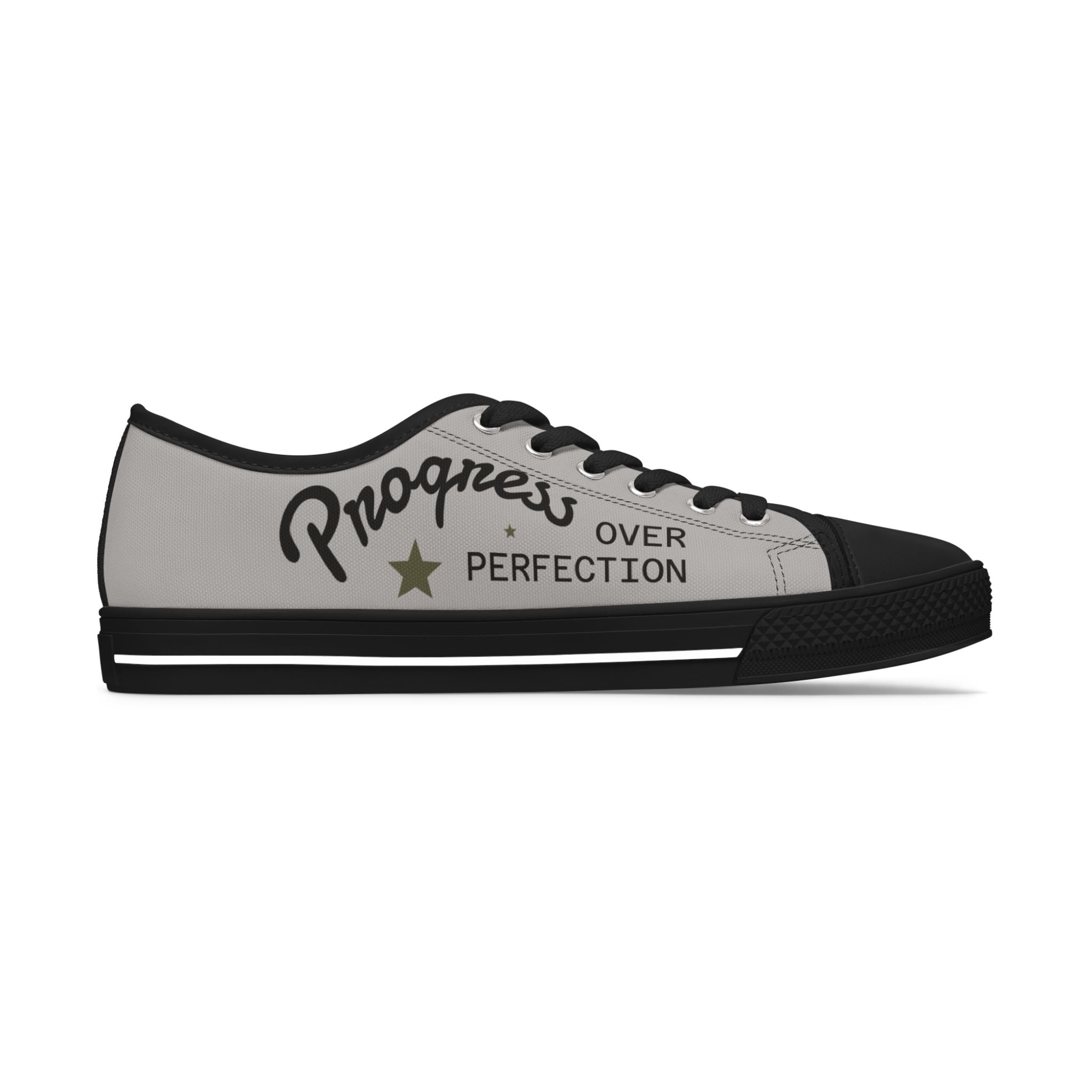 Grey Stylish Women's Low Top Sneakers **Progress over Perfection** - Casual, Comfortable, Everyday Wear, Perfect for Summer, Striped Sneakers, Trendy Footwear **Progress Over Perfection"