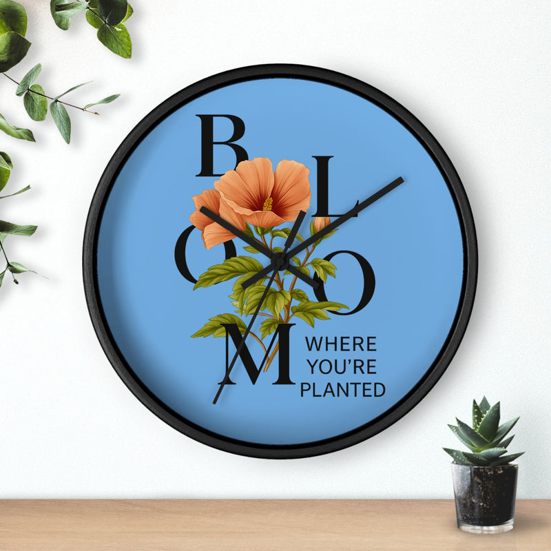 Blue Bloom Where You're Planted Wall Clock, Floral Home Decor, Botanical Gift, Inspirational Wall Art, Modern Timepiece