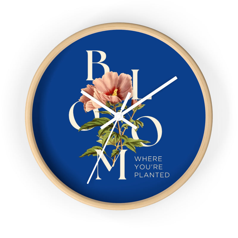 Blue Floral Wall Clock: Bloom Where You’re Planted, Home Decor, Gifts for Plant Lovers, Motivational Wall Art, Modern Timepiece, Flower Design
