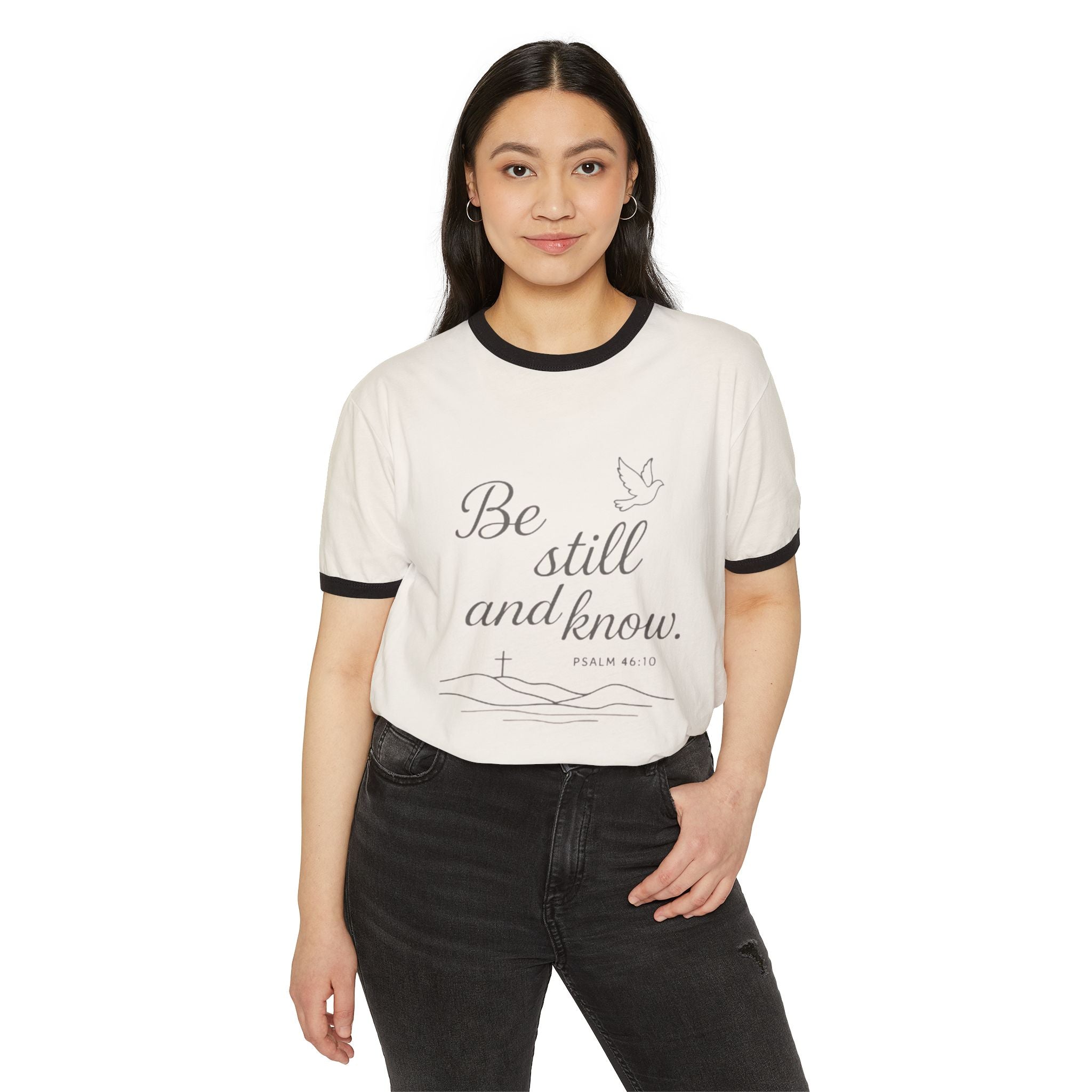 Faith-Inspired Cotton Ringer T-Shirt, Psalm 46:10 Design, Unisex Tee, Daily Wear, Christian Gift, Inspirational Apparel