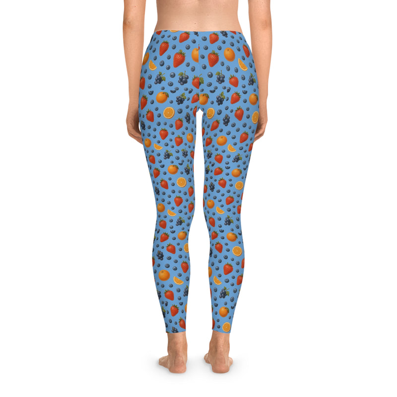 Blue Fruity Stretchy Leggings, Colorful Workout Pants, Yoga Tights, Casual Spring Wear, Fitness Apparel, Summer Fashion