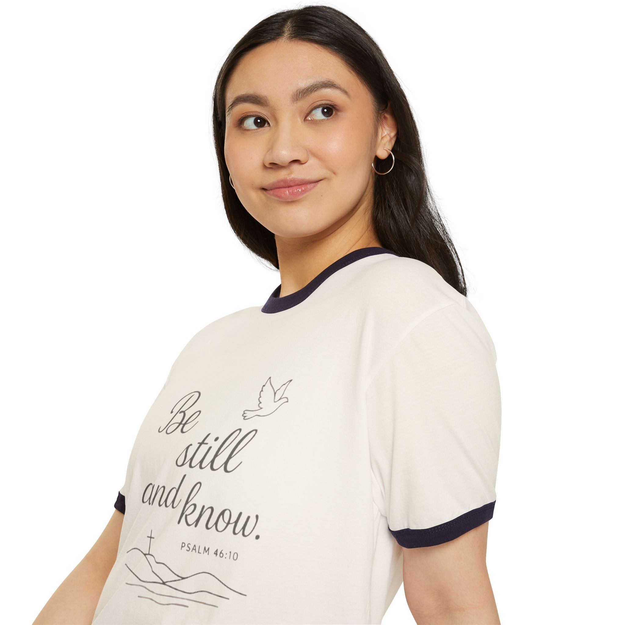 Faith-Inspired Cotton Ringer T-Shirt, Psalm 46:10 Design, Unisex Tee, Daily Wear, Christian Gift, Inspirational Apparel