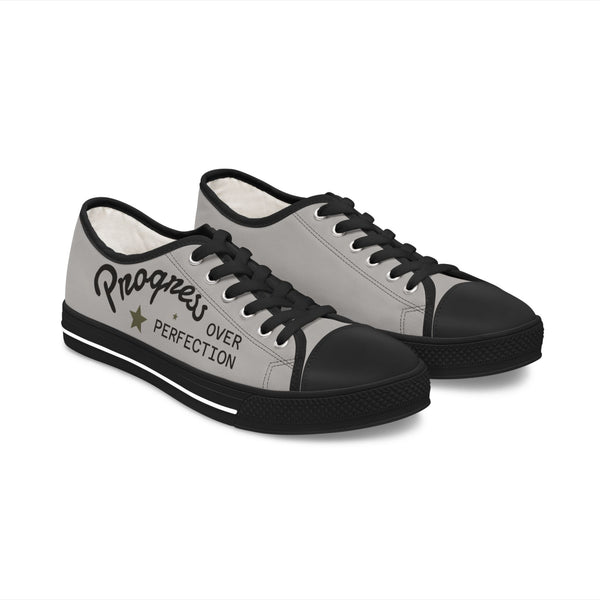 Grey Stylish Women's Low Top Sneakers **Progress over Perfection** - Casual, Comfortable, Everyday Wear, Perfect for Summer, Striped Sneakers, Trendy Footwear **Progress Over Perfection"