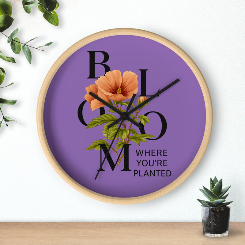 Purple Bloom Where You're Planted Wall Clock, Floral Home Decor, Botanical Gift, Inspirational Wall Art, Modern Timepiece