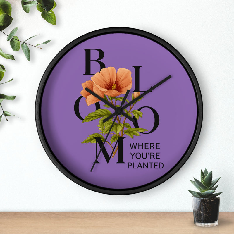 Purple Bloom Where You're Planted Wall Clock, Floral Home Decor, Botanical Gift, Inspirational Wall Art, Modern Timepiece