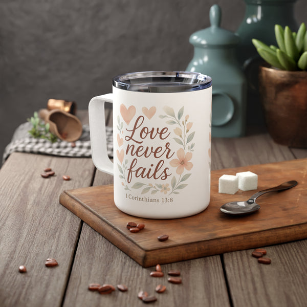 Floral Insulated Coffee Mug | Love Never Fails, Bible Verse Gift, Unique Wedding Favor, Home & Office Coffee Cup, Inspirational Drinkware