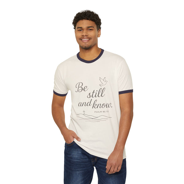 Faith-Inspired Cotton Ringer T-Shirt, Psalm 46:10 Design, Unisex Tee, Daily Wear, Christian Gift, Inspirational Apparel