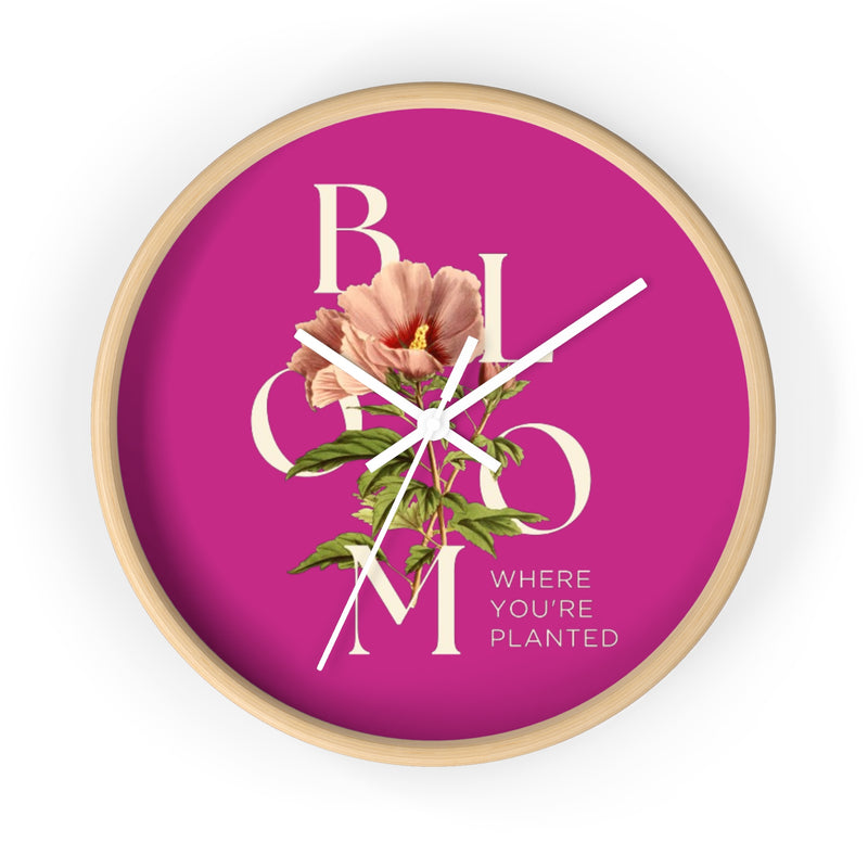 Pink Floral Wall Clock: Bloom Where You’re Planted, Home Decor, Gifts for Plant Lovers, Motivational Wall Art, Modern Timepiece, Flower Design