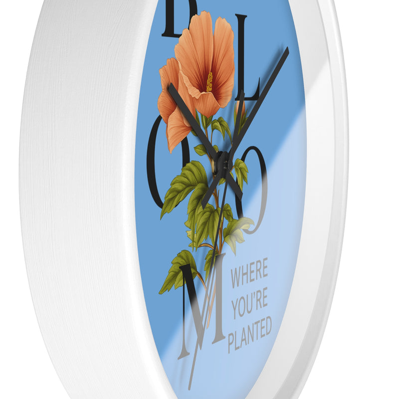 Blue Bloom Where You're Planted Wall Clock, Floral Home Decor, Botanical Gift, Inspirational Wall Art, Modern Timepiece