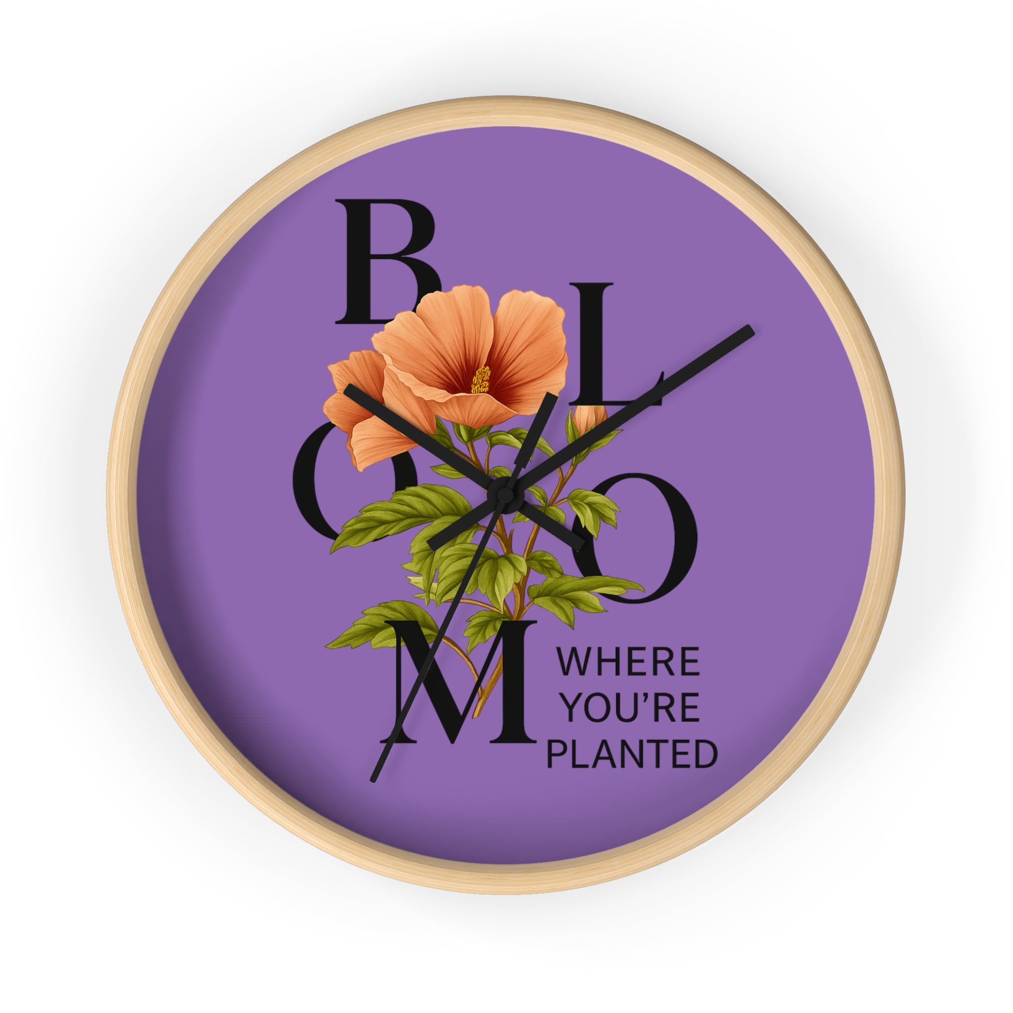 Purple Bloom Where You're Planted Wall Clock, Floral Home Decor, Botanical Gift, Inspirational Wall Art, Modern Timepiece