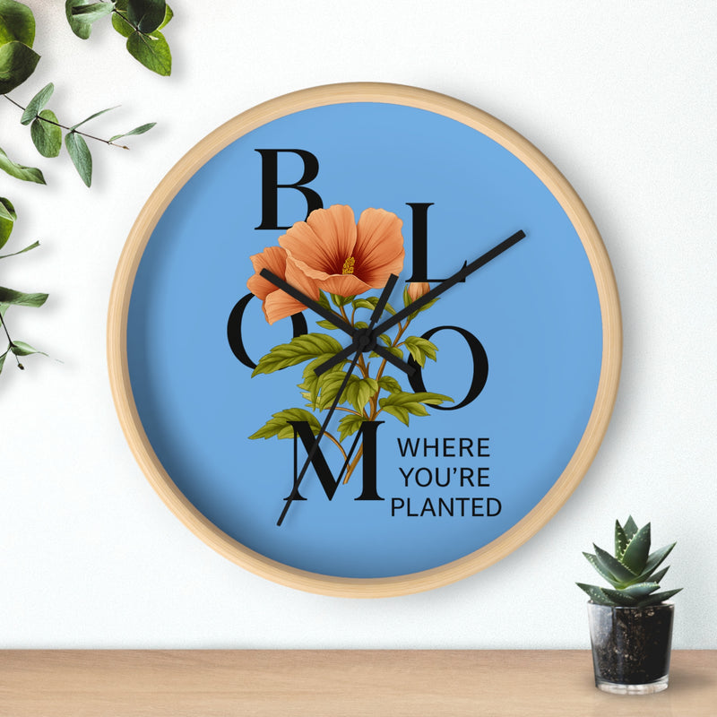 Blue Bloom Where You're Planted Wall Clock, Floral Home Decor, Botanical Gift, Inspirational Wall Art, Modern Timepiece