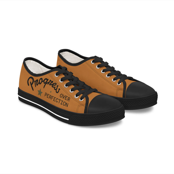 Brown Stylish Women's Low Top Sneakers - Casual, Comfortable, Everyday Wear, Perfect for Summer, Striped Sneakers, Trendy Footwear **Progress Over Perfection"