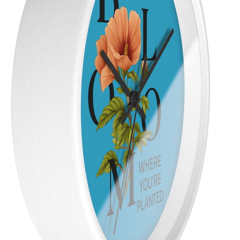 Turquoise Bloom Where You're Planted Wall Clock, Floral Home Decor, Botanical Gift, Inspirational Wall Art, Modern Timepiece
