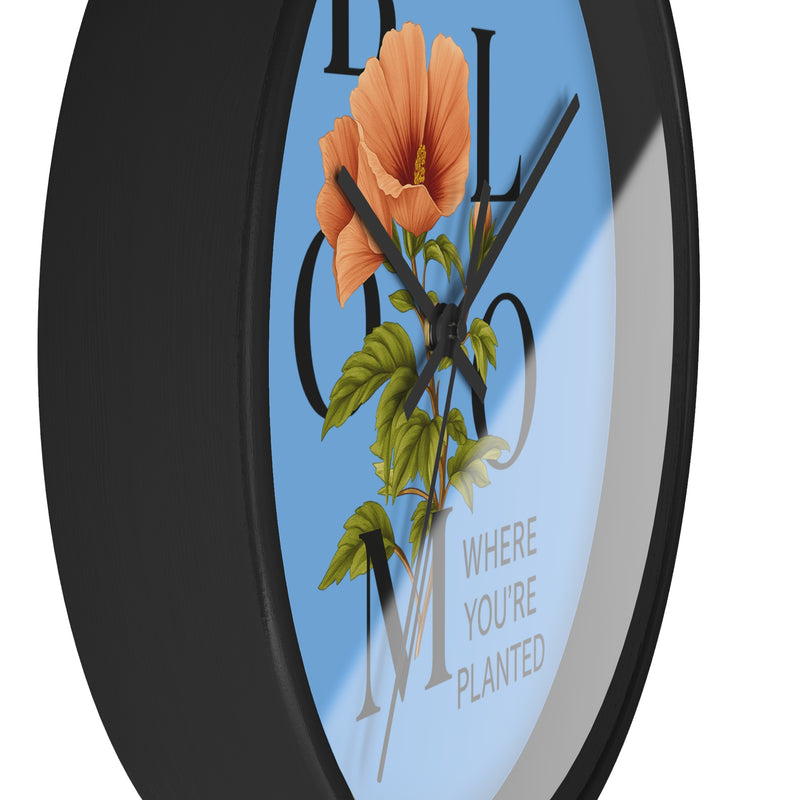 Blue Bloom Where You're Planted Wall Clock, Floral Home Decor, Botanical Gift, Inspirational Wall Art, Modern Timepiece