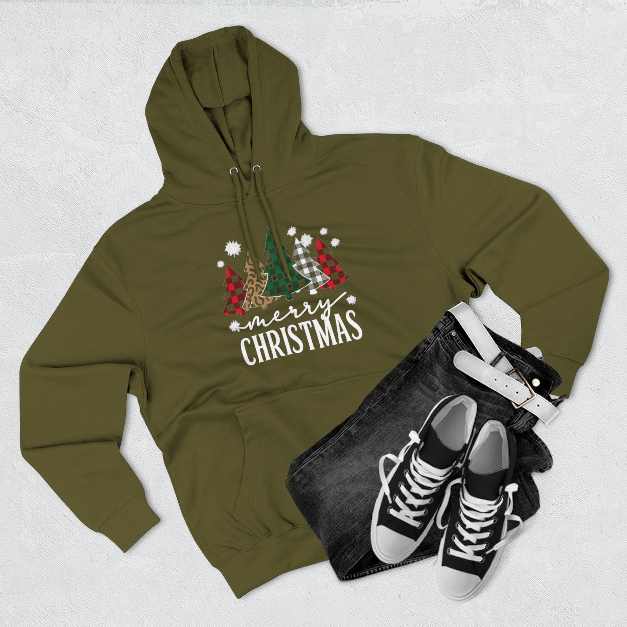 Merry Christmas Three-Panel Fleece Hoodie, Holiday Sweatshirt, Winter Wear, Cozy Gift, Christmas Apparel, Festive Hoodie